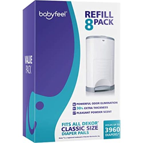 Babyfeel Refills Compatible with DEKOR CLASSIC Diaper Pails | 8 Pack | Exclusive 30% Extra Thickness | Diaper Pail Refills with Powerful Odor Elimination | Powder Scent | Holds up to 3960 Diapers