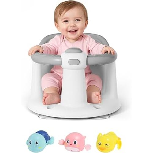 Baby Bath Seat for Babies 6 Months & Up - Bathtub Seats for Babies with 3 Baby Bath Toys, Non-Slip, Comfortable, Infant Bath Essentials-Grey