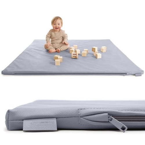 Baby Play Mat for Floor, 50" X 50" Vegan Leather & Memory Foam Area Rug - 1.2" Thick Playpen Mat for Tummy Time, Non-Slip Safe for Crawling, Easy to Clean(Gray)