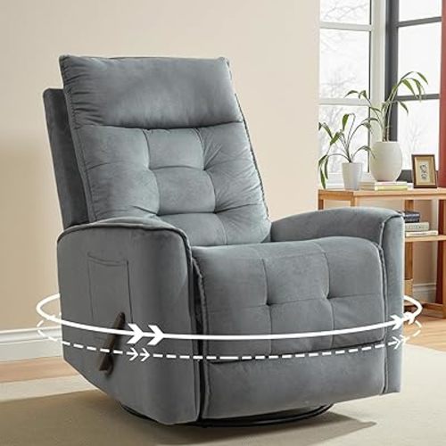 Manual Rocker Recliner Chair Small Glider Chair for Adult with High Back&Deep Seat Swivel Rocking Recliner Chair for Living Room Bedroom RV Nursing Grey