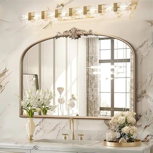 Besdomus Arched Vintage Gold Mirror: 40"x29" Large Champagne Gold Antique Wall Mounted Mirror - Baroque Traditional Ornate for Fireplace/Bathroom/Living Room - Home Decor for Fashion-Conscious