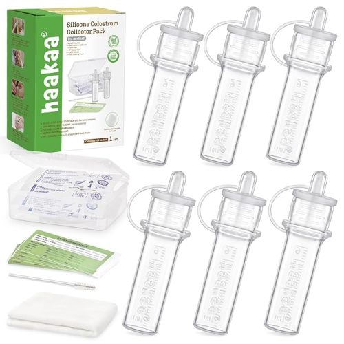 haakaa Silicone Colostrum Collector (0.2oz./6ml,6pcs) Pack - Collect, Store & Feed Colostrum Ready-to-Use Pack, Reusable Colostrum Syringes Set for Liquid Gold, Include Cloth Wipe and Storage Case