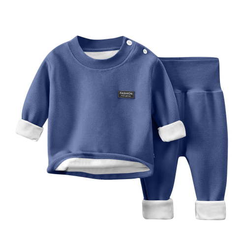 Zwiiyzr 3M-3T Toddler Winter Warm Pajamas Boys Girls Baby Solid Color Fleece Lined Lounge Sets Baby 2Pcs Long Sleeve High Waisted Sleepwear Navy