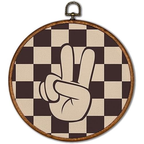 KSDUT Brown and White Room Wall Art Decor - Brown Checkered Preppy Wall Art Canvas Frame Hanging Prints, Peace Sign Trendy Wall Art Decor for Home Girls Boys Room Dorm Decorations 10"x10"