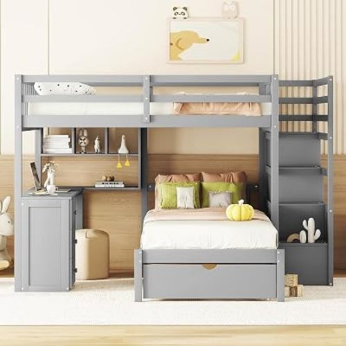 MERITLINE Full Over Twin L Shaped Bunk Bed with Stairs and Desk,Solid Wood L-Shaped Bunk Bed with Storage Drawers,Shelves,Ladder,Headboard and Guardrail,No Box Spring Needed (Grey)