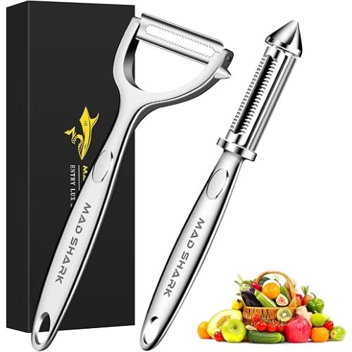 MAD SHARK Ultra Sharp Vegetable Peelers for Kitchen Fruit Apple Potato Peelers,Design with Ergonomic Non-Slip Handle, Y+I Shaped Stainless Steel Serrated(2pc）