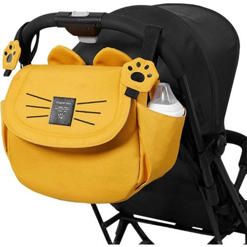 SUNVENO Universal Stroller Organizer Bag with 2 Cup Holders, Cute Kitty Baby Stroller Caddy, Waterproof Storage Organizer with Adjustable Straps, Fits Most Strollers, Prams & Pushchairs