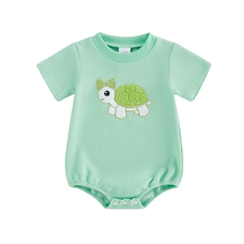 Infant Baby Girl Turtle Romper Newborn Coming Home Outfit Summer Clothes Embroiderey Bow Short Sleeve Waffle Bodysuit
