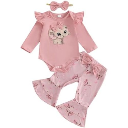 Hnyenmcko Newborn Baby Girl Clothes Ribbed Long Sleeve Ruffle Romper Bell-Bottom Pants Headband Set 3Pcs Fall Winter Outfits - size 0-6 months
