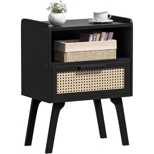 Lerliuo Rattan Nightstand, Bedside Table with Drawer Open Shelf, Cane Accent Side End Table with Solid Wood Legs, Black Mid Century Night Stand for Bedroom, Dorm and Small Spaces