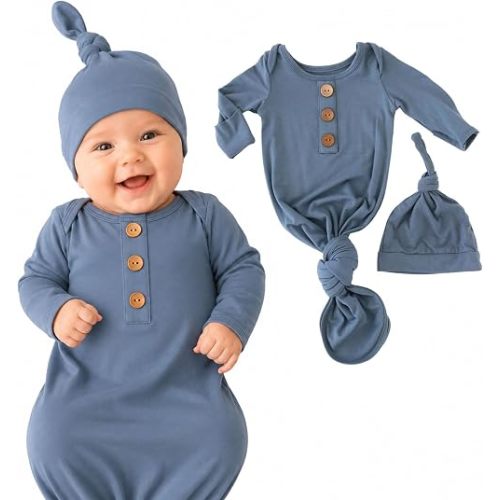 Caden Lane Newborn Knotted Gown with Hat, Soft Bamboo Viscose Baby Sack, Unisex Infant Breathable Night gown Dusty Blue