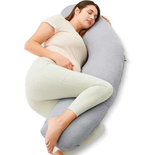 Momcozy J-Shaped Pregnancy Pillow for Sleeping with Cooling Cover – Maternity Body Pillow for Pregnant Women, Side Sleeper Support for Belly, Hip & Leg, Deep Grey