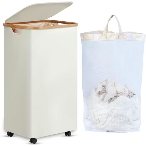 efluky Slim Laundry Basket with Wheels, Narrow Rolling Laundry Hamper with Lid and Removable Bag, Tall Aesthetic Dirty Clothes Hamper on Wheels for Laundry Room, Bedroom, Dorm and Bathroom, 75L Pink