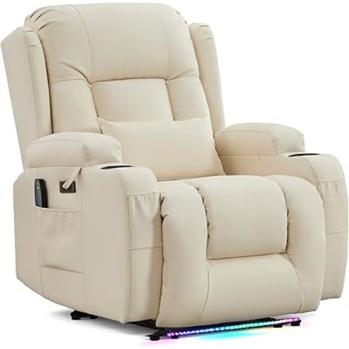 URRED Power Recliner Chair with Massage and Heat for Adults, Electric Reclining Sofa Home Theater Seating with Ambient Light, USB Ports, Cup Holders, Side Pockets, Pillow, Faux Leather (Irovy)