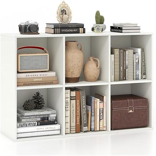 Giantex 6-Cube Bookcase, 3-Tier Cubby Bookshelf, Horizontal Vertical Display Rack with Anti-Tipping Kits, Modern Storage Organizer Shelf Unit for Bedroom, Living Room, Study Room, White