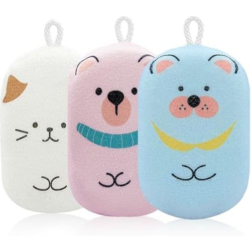 JieLiLeHome Baby and Kids Bath Loofah Sponge, Soft and Absorbent Toddler Exfoliating Body Scrubber Shower Loofa Sponge,Cute Pattern Design for Kids Baby Women Boys and Girl, 3 Pack (Bear/Dog/Cat)