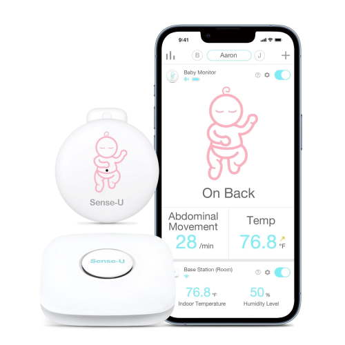 Sense-U Smart Baby Abdominal Movement Monitor - Tracks Baby's Abdominal Movement, Temperature, Rollover, Sleeping Position and Humidity on Smartphone and Base Station - Anytime, Anywhere, Pink