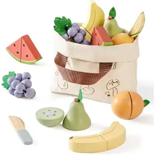 ROBOTIME Wooden Play Food Cutting Fruit Set, Pretend Play Toy Food for Play Kitchen with Shopping Bag – Kids Kitchen Accessories, Wooden Fruit Toys for Kids Boys Girls