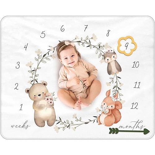 Baby Monthly Milestone Blanket for Girls and Boys – Soft Flannel 40x50 Inch Photo Blanket with 2 Milestone Markers – Newborn Keepsake with Animals, Green Ribbon & Frosted Zipper Pouch