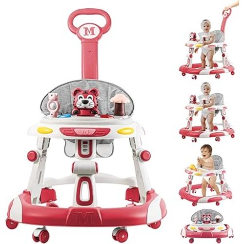 Baby Walker, 4-in-1 Foldable Baby Walkers and Baby Activity Center with Toys Tray,3-Gear Height Adjustable Infant Toddler Baby Walker with Wheels for Baby Boys and Girls 6-24 Months(Pink)