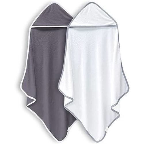 2 Pack Baby Bath Towel - Rayon Made from Bamboo, Ultra Soft Hooded Towels for Babies,Toddler,Infant - Newborn Essential -Perfect Baby Registry Gifts (White and Dark Grey, 30x30 Inch)