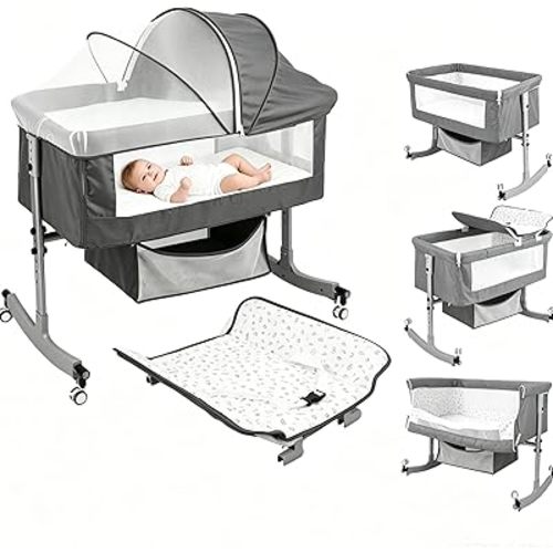 4 in 1 Baby Bassinet, Multi-Function Bedside Crib with Changing Table, Newborn Infant Cradle Bassinet with Wheels, 6 Levels Height Adjustable, with Basket & Mosquito Net (Grey)