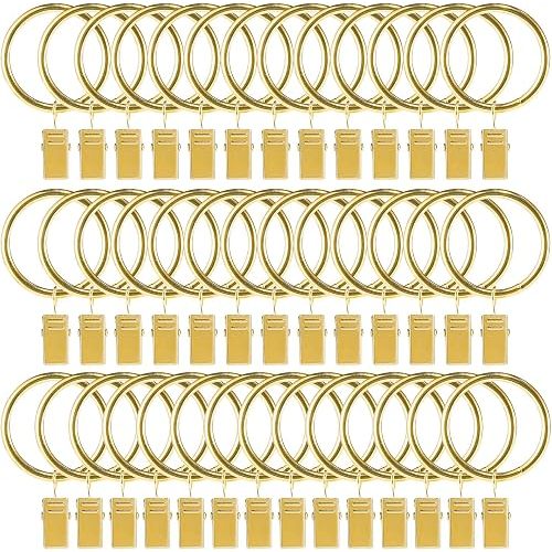 Goowin 40 Pcs Curtain Hooks, 1.5 inch Curtain Rings, Rustproof Curtain Rings with Clips, Metal Solid Curtain Clips with Rings, Decorative Vintage Curtain Hooks for Drapes (Golden Yellow)