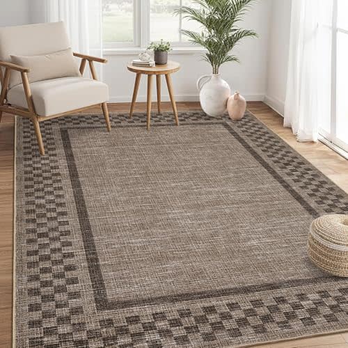 GarveeHome Machine Washable 5x7 Area Rugs Modern Bordered Living Room Rug Non Slip Checkered Geometric Bedroom Throw Carpet Soft Boho Rugs for Dining Room Nursery Home Office, Brown