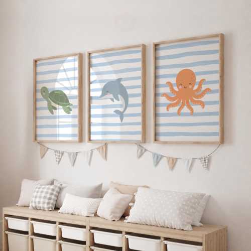 Sealife Nursery Print Set of 3 - Kids Ocean Room Decor, Boys Seaside Bedroom Posters
