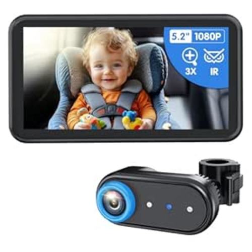 LUCKVIEW BM2A Baby Car Camera – 3X Zoom to See Baby Clearly, 5.2" 1080P Display & Auto IR Night Vision, Rear-Facing View Monitor, Easy Install for Parents & Pet Owners