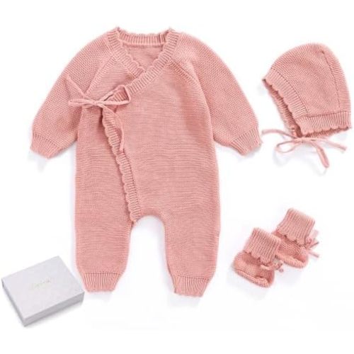 Cotton Baby Knit Romper Kimono Newborn Outfit Gift Set Hat Booties