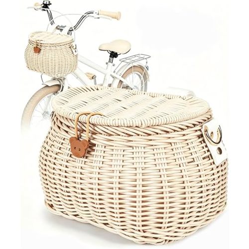 Bike Basket for Kids - Bicycle Decorations for Boys & Girls | Front Handlebar Rattan Basket | with lid & Strap