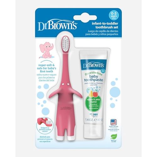 Dr. Brown's Infant-to-Toddler Toothbrush and Toothpaste Set, Pink Elephant