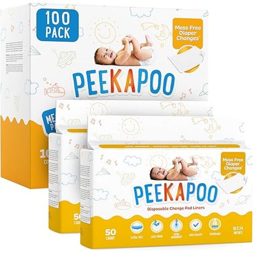 Peekapoo - The Original Disposable Baby Changing Pad Liners – 100 Pack | Super Soft, Waterproof, Ultra Absorbent | Portable, Travel-Friendly, Mess-Free Diaper Changes Anywhere