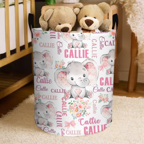Personalized Cute Elephant Waterproof Laundry Storage Basket with Name Nursery Decor Birthday Housewarming Gift for Boys Girls - CALLIE