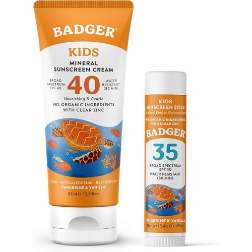 Badger Kids Mineral Sunscreen Combo, SPF 40 Cream + SPF 35 Kids Face Stick, 98% Organic Ingredients with Mineral Zinc Oxide, Water Resistant, Reef Safe Broad Spectrum, Tangerine & Vanilla Scent