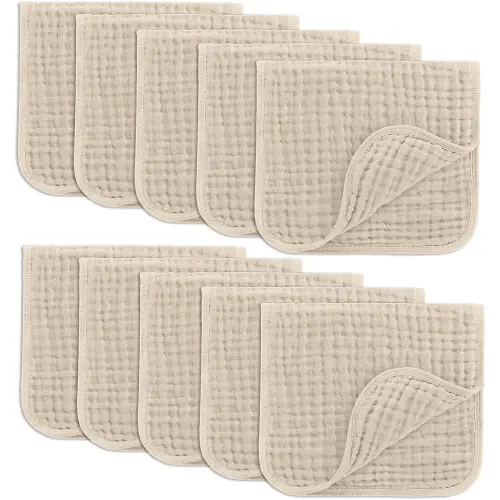 Comfy Cubs Muslin Burp Cloths 20" x 10", Pack of 10 - Large, 6-Layer, Ultra Absorbent 100% Cotton for Baby Drool and Messes - Soft, Safe & Gentle Baby Burp Cloths for Boys & Girls - Sand