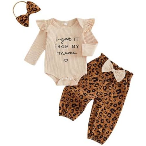 Leopard Baby Girl Outfits Ruffle Romper Pants and Headband Set
