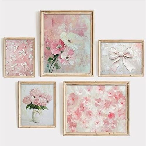 YFTTRYZ 5Pcs Pink Nursery Flower Wall Art Floral Bow Wall Decor Pink Hydrangea Posters Coquette Aesthetic Pictures Girl Room Prints for Girls Bedroom Dorm Apartment Home Unframed