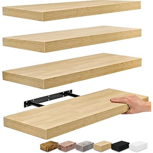 Sorbus Floating Shelves for Wall - 24" Bathroom Shelves, Wall Decor for Bedroom, Kitchen, Living Room, Home Decor & Book Storage - Mounted Floating Shelf with Invisible Brackets (Maple Wood, 4 Pack)