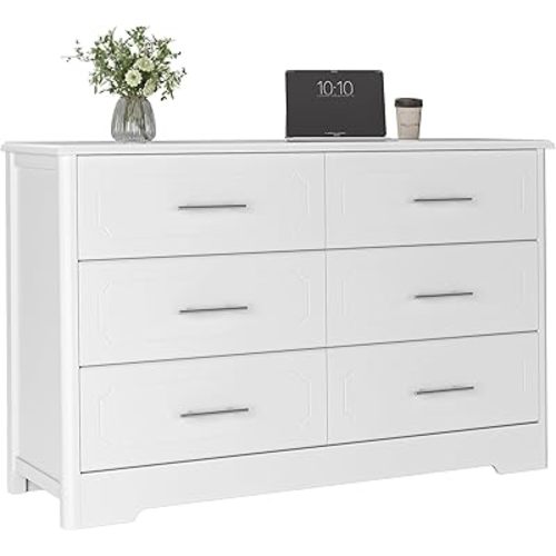 HOSTACK 6 Drawer Dresser, Modern White Wide Chest of Drawers with Metal Handels, Wood Double Dresser, Storage Chest Organizers for Living Room, Hallway, Entryway, White