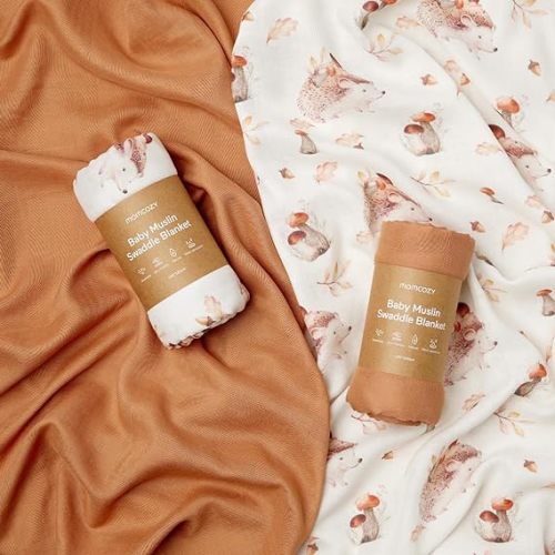 Momcozy Muslin Swaddle Blankets, Softness Upgrade Neutral Swaddle Blanket, Breathable Large 47''x47'' Baby Infant Newborn Boys Girls Swaddling Receiving Blanket Wraps, 2 Pack, Hedgehog & Brown