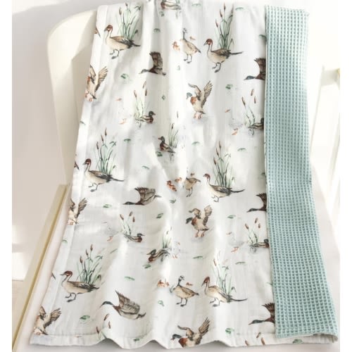 LifeTree Waffle Baby Blankets, Muslin Swaddle Blanket for Boys Girls, 2 Layers Crib Stroller Receiving Blankets with Muslin Front and Waffle Backing Infant Newborn Mallard Duck