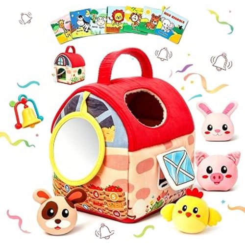 Baby Toys 6-12 Months, Plush Farm Barn with 6 Stuffed Animals & Cloth Book, Rattle Crinkle Montessori Toy, Sensory Toy for Toddlers 1-3, Soft Infant Toy, Baby Gift for Boys and Girls