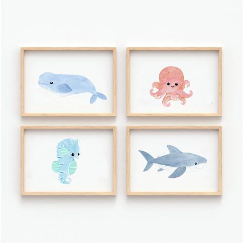 Ocean Animal Nursery Print Set 4, Nautical Nursery wall Art, Ocean Nursery Print Set of 6, Sea Nursery Decor, Sea Animal Prints, Ocean Art