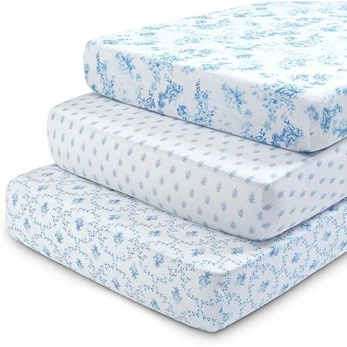 Delta Children Fitted Crib Sheets for Girls and Boys - 100% Organic Cotton Crib Sheet for Standard Crib and Toddler Mattresses - 28x52 Inch - GOTS Certified (Pack of 3), Blue Botanicals