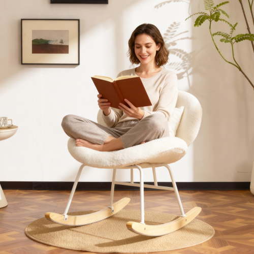 Ktaxon Rocking Accent Chair with Padded Seat, Cute Cozy Nest Style Nursery Chair, Teddy Fleece Glider Rocker with Wooden Metal Frame White
