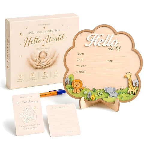 Hello World Newborn Sign – Elegant 3D Wooden Baby Announcement Sign with Whimsical Safari Animal Details for Nursery Styling & Baby Shower Memories, Hospital Bassinet Photos