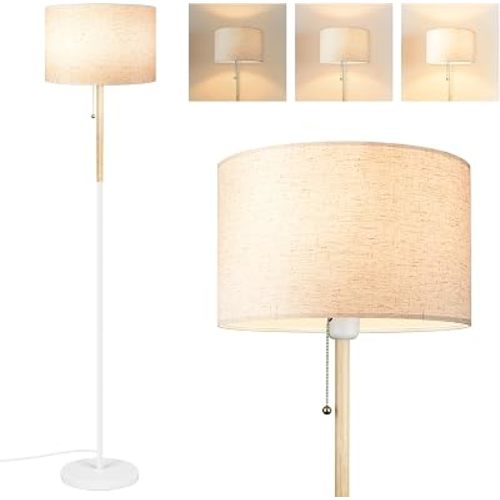 LALISU Bedroom Standing Floor Lamp, Farmhouse Lamp with Linen Shade, White