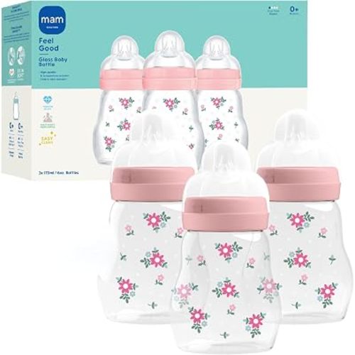 MAM 6oz Pure Glass Feel Good Anti-Colic 0+ Months Baby Bottle, 3 Pack, Girl